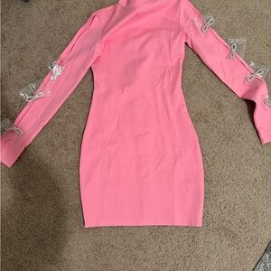 Fashion Nova Pink Long-Sleeve Mini Dress with Bow Sleeve Accents